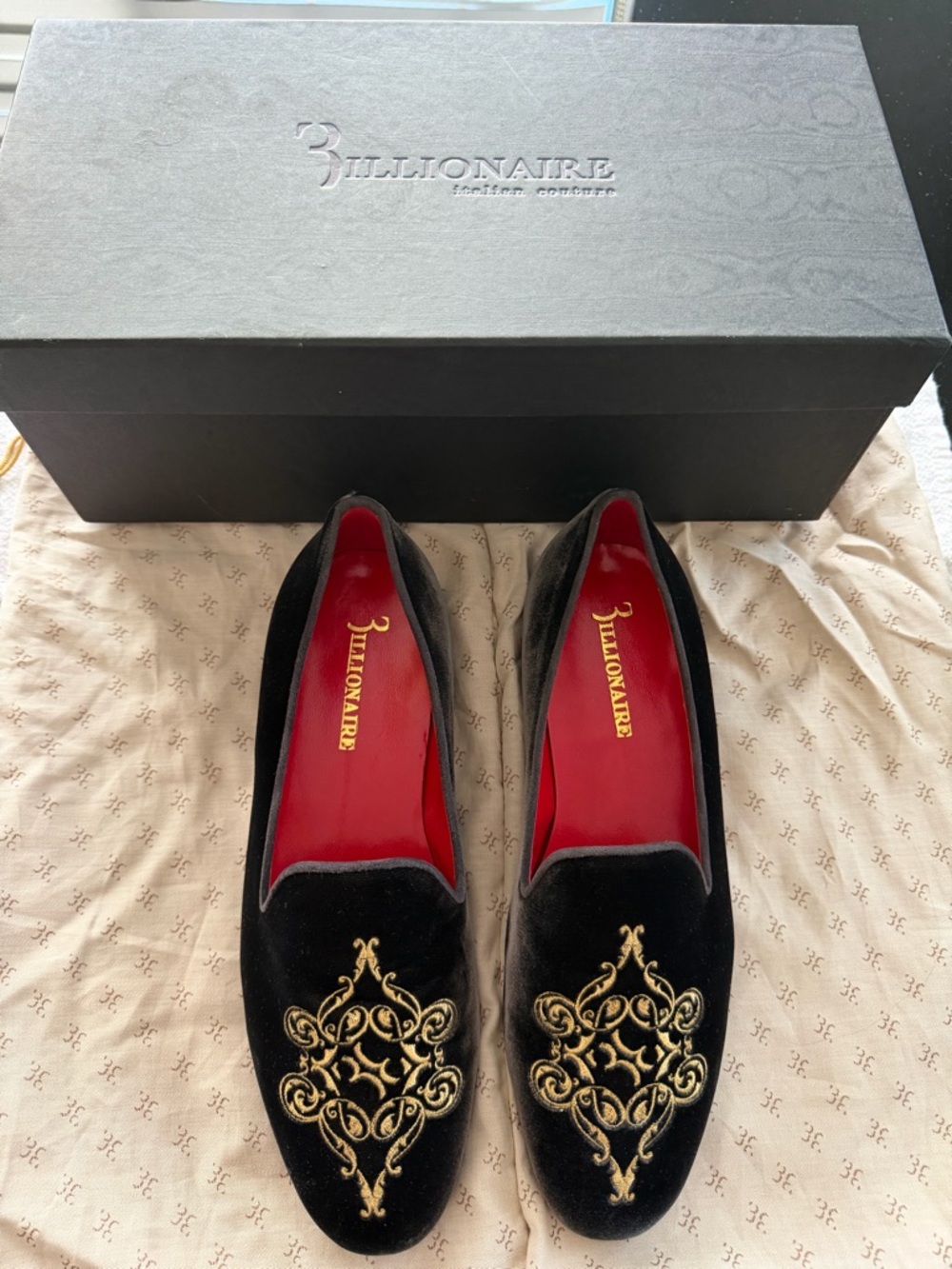 Billionaire Boys Club Black Velvet Loafers with Gold Embroidered Crest
